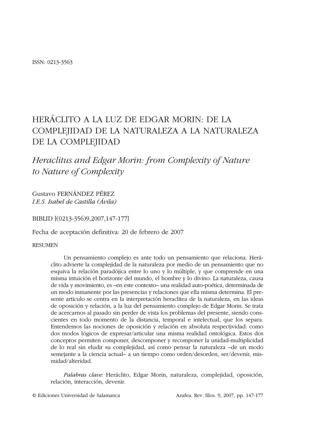 Heraclito a la luz de Edgar Morin: De la complejidad de la naturaleza a la naturaleza de la complejidad